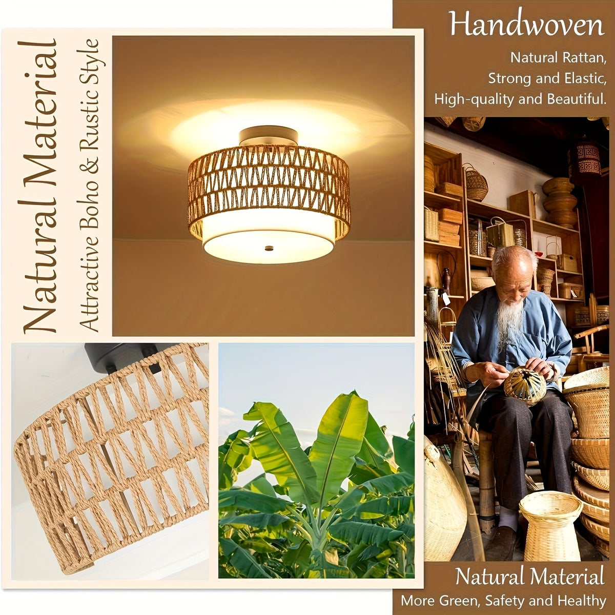 Boho Rattan Loftlampe – Halvindbygget med Hørskærm