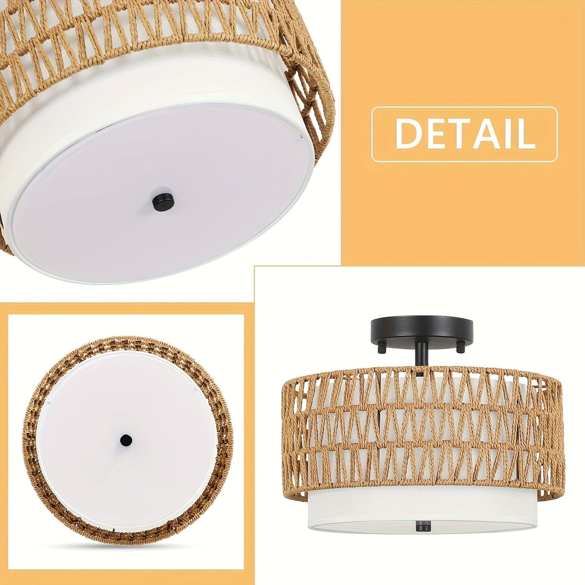 Boho Rattan Loftlampe – Halvindbygget med Hørskærm