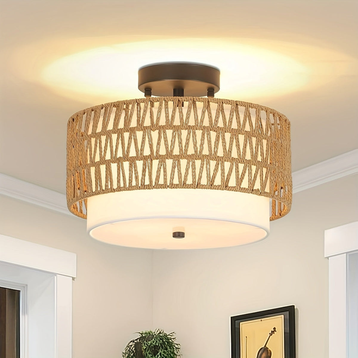 Boho Rattan Loftlampe – Halvindbygget med Hørskærm