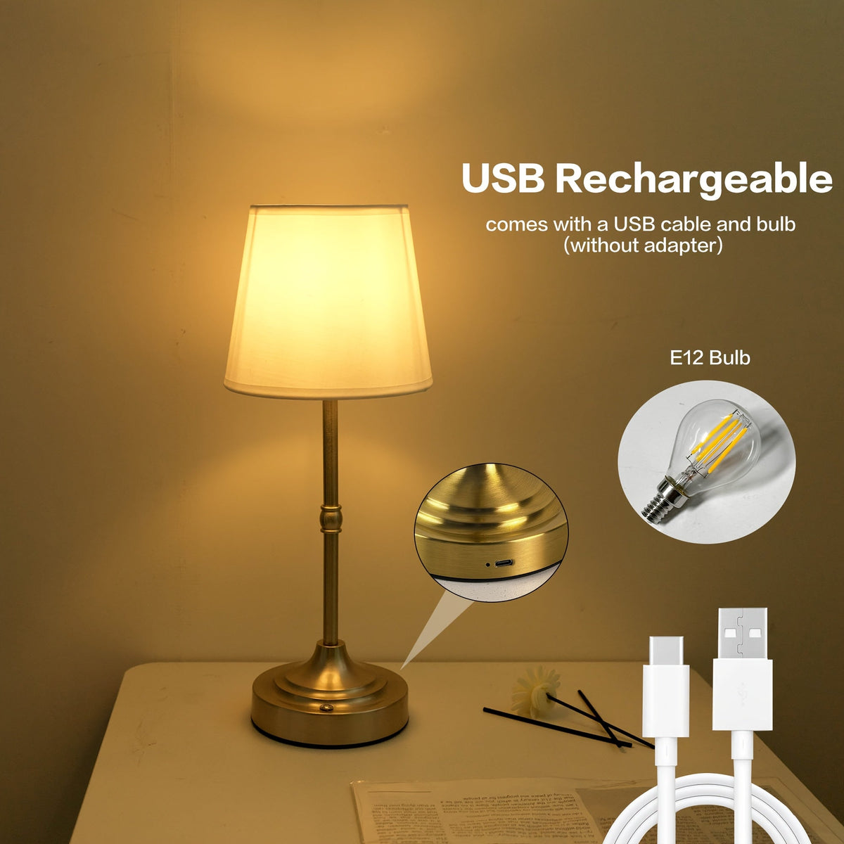 Dæmpbar ledningsfri bordlampe – USB-genopladelig