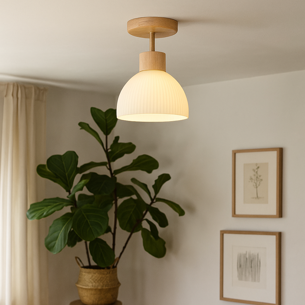 Ailse Loftlampe – træ og glas med blødt LED-lys