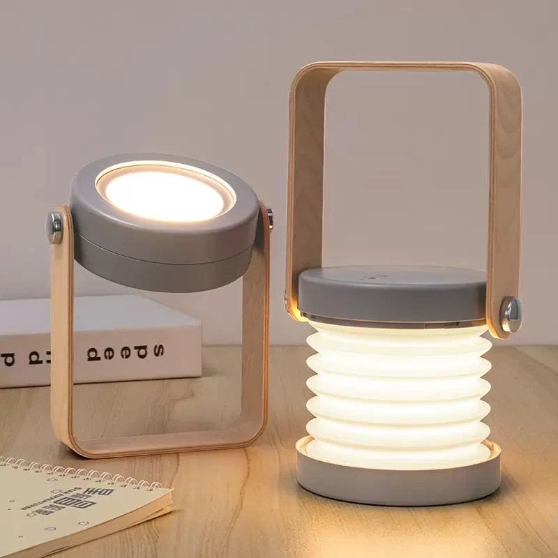 Bærbar Foldelampe med Træhåndtag – Genopladelig LED