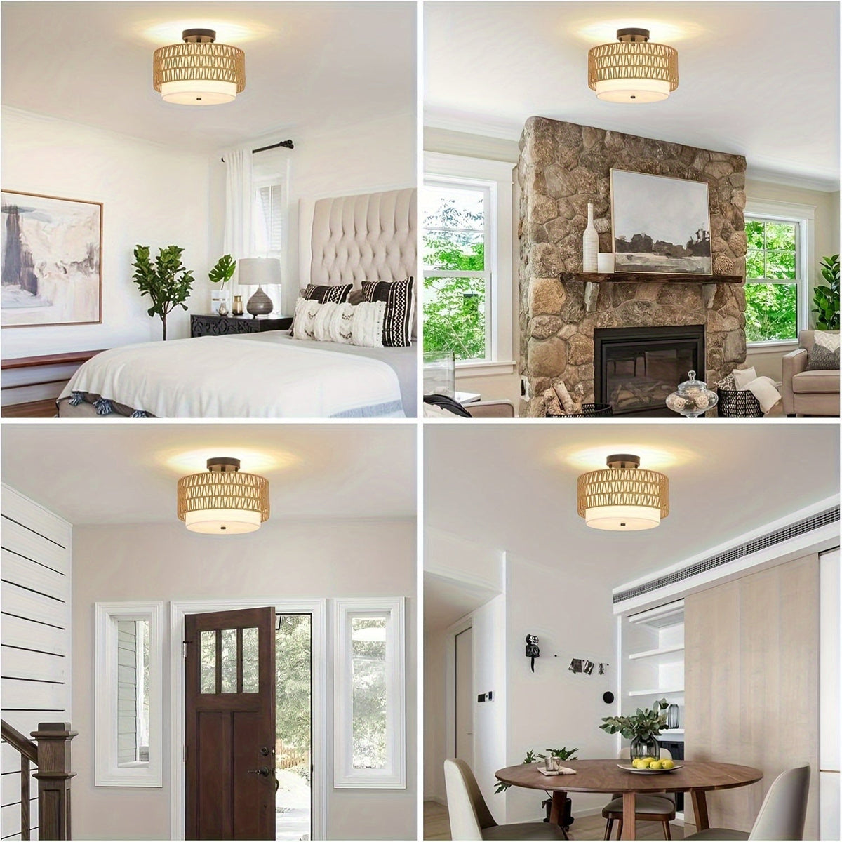 Boho Rattan Loftlampe – Halvindbygget med Hørskærm