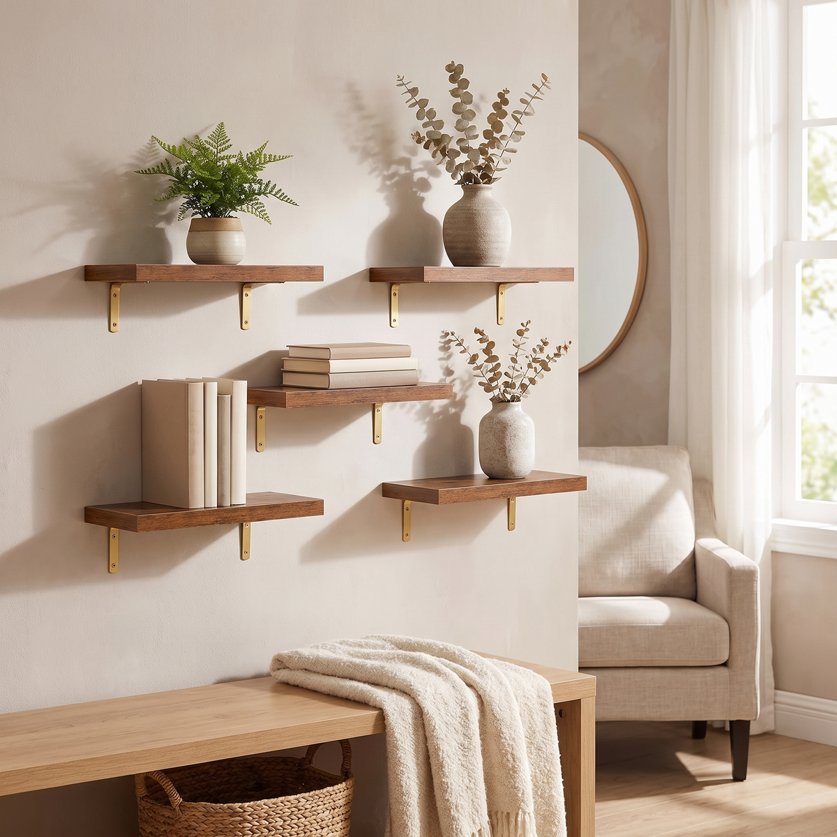 Rustic brown wooden floating wall shelves mounted and styled in a cozy Scandinavian living room