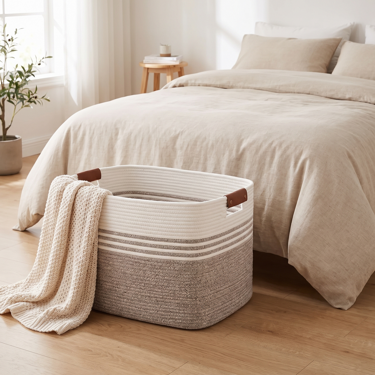 White and brown woven rope laundry basket with leather handles styled in a cozy Scandinavian bedroom