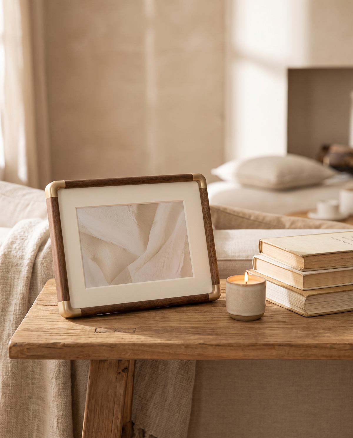 Brooks Bordramme - wood and brass tabletop picture frame, styled lifestyle shot