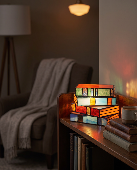 Boglampe med farvet glas - stained glass book lamp, styled lifestyle shot