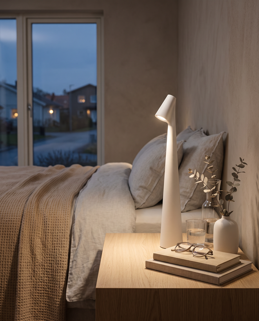 Glowora - rechargeable touch-dim LED table lamp, styled lifestyle shot