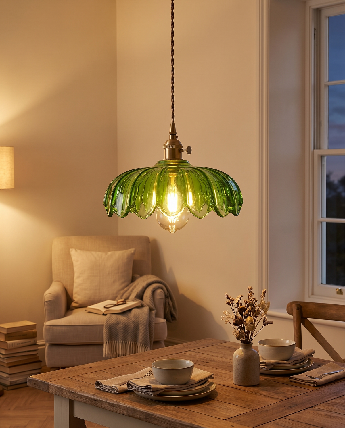 Vintage blomsterpendel - green flower-shaped glass pendant lamp, styled lifestyle shot