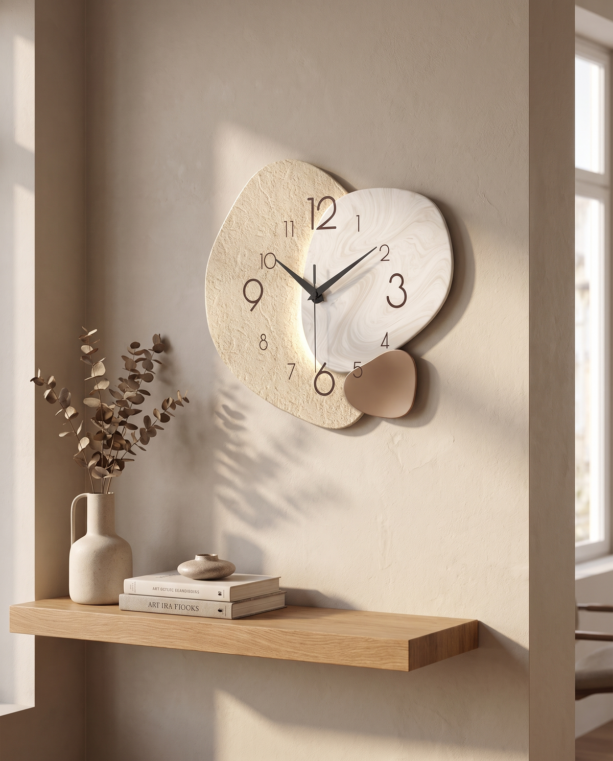 TempoStone - quiet stone-face wall clock, styled lifestyle shot