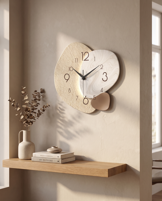 TempoStone - quiet stone-face wall clock, styled lifestyle shot