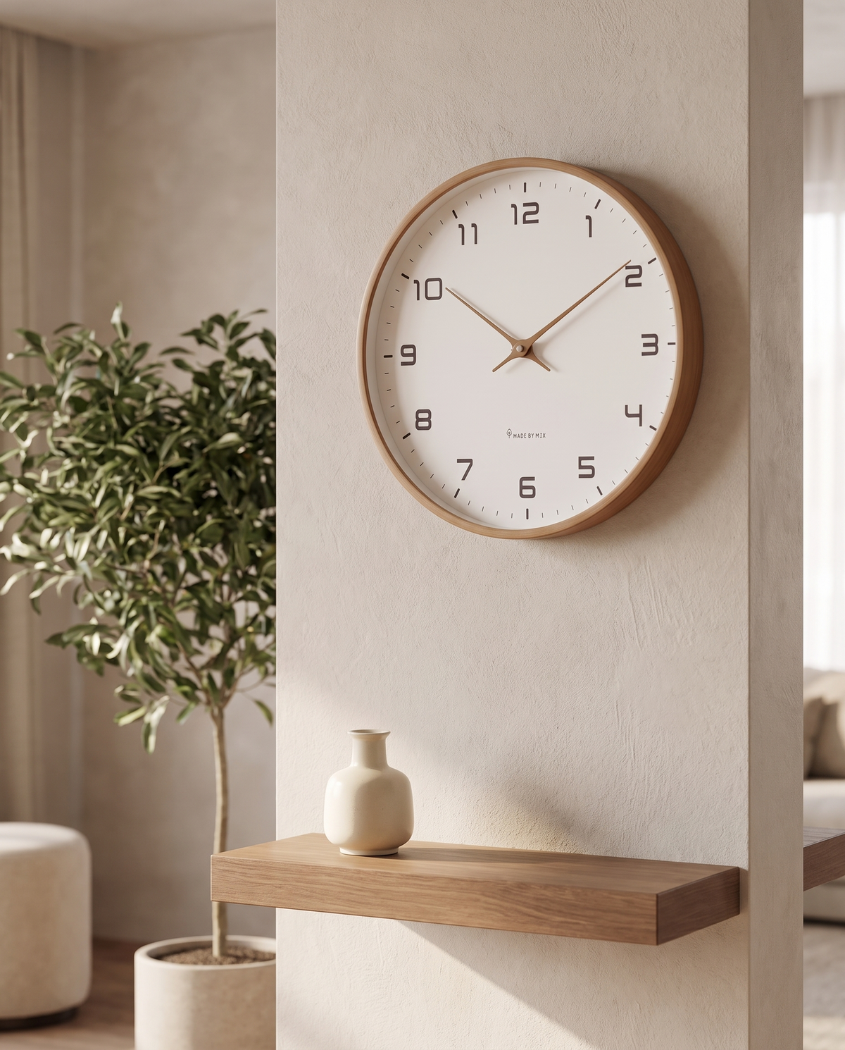 Nordisk Vægur - minimalist wood-frame wall clock, styled lifestyle shot