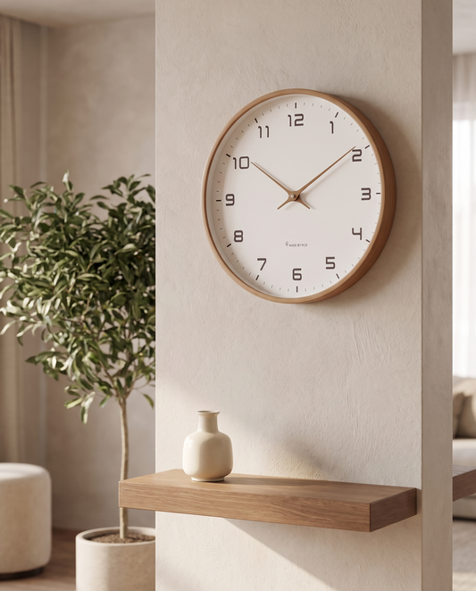 Nordisk Vægur - minimalist wood-frame wall clock, styled lifestyle shot