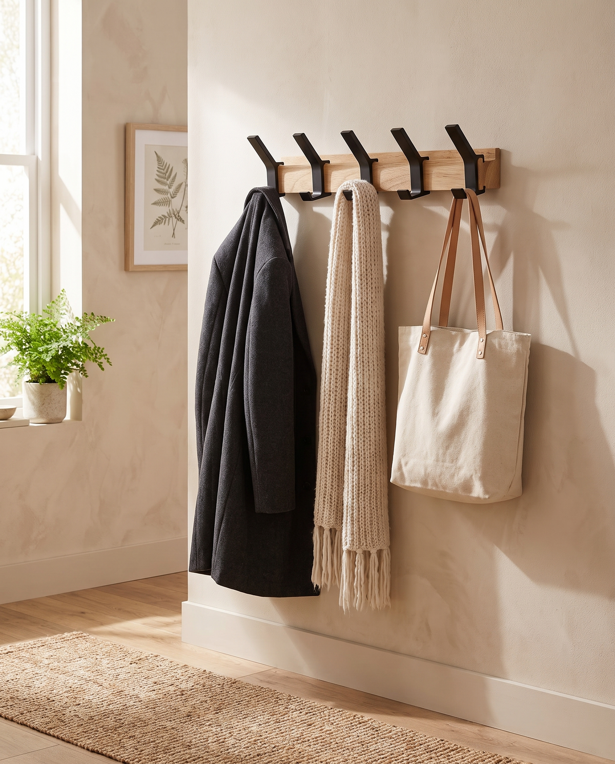 Nordisk vægmonteret knagerakke - wall-mounted coat rack, styled lifestyle shot