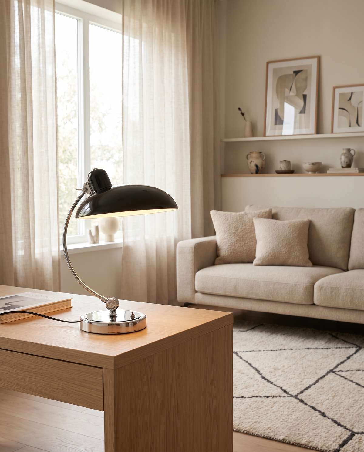 ScandiArc Bordlampe - Bauhaus curved metal table lamp, styled lifestyle shot