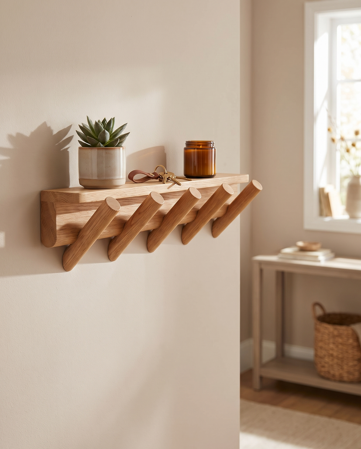 Maeve Væghylde - solid oak wall shelf organizer, styled lifestyle shot