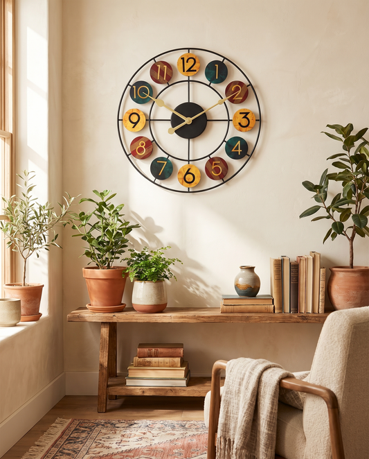 Farverig metal vægur - colorful retro metal wall clock, styled lifestyle shot