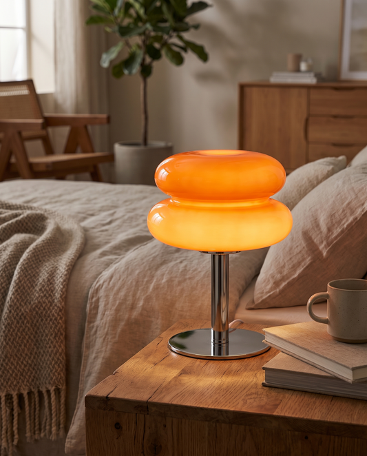 Italiensk Designerlampe – Glasbordlampe med kromfod