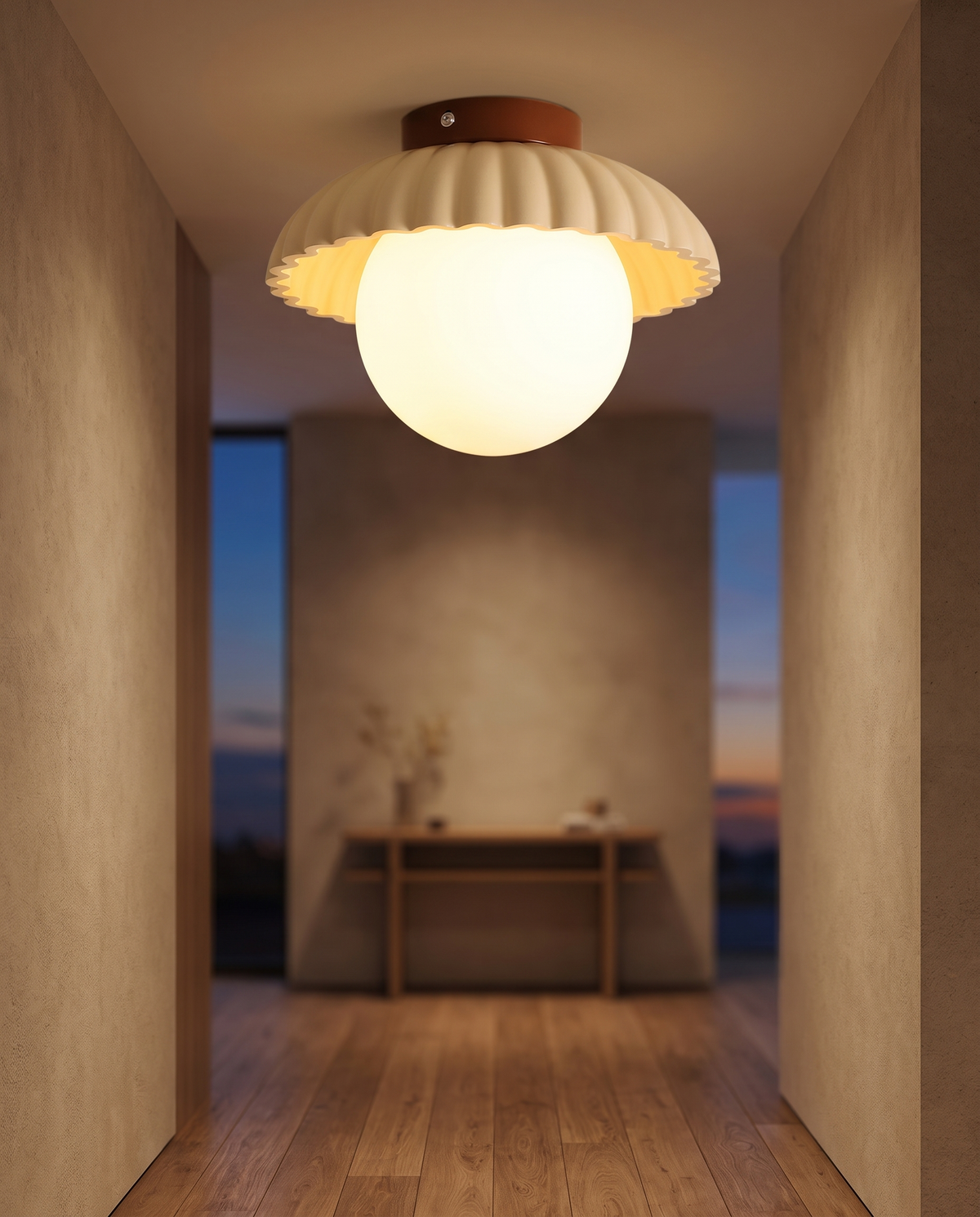 Loftlampe i jern og glas – blødt lys til gang og entré