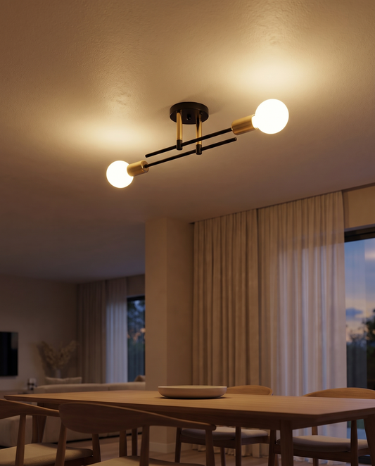Moderne 2-lys loftlampe – Sort og guld i geometrisk design
