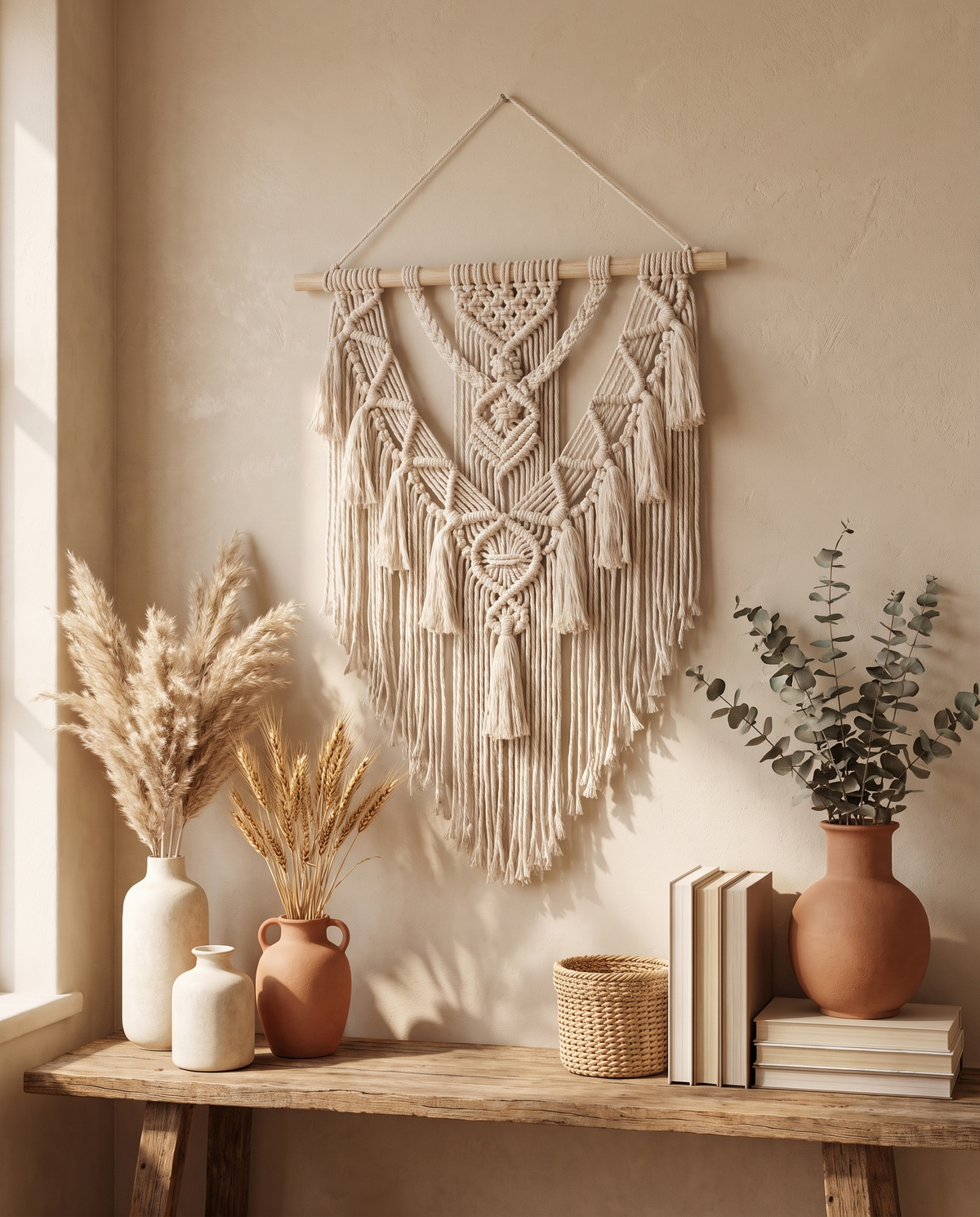 Håndvævet macramé-vægtæppe – boho-inspireret vægpynt