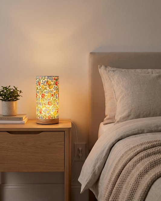 Træbordlampe med stofskærm – USB-drevet sengelampe