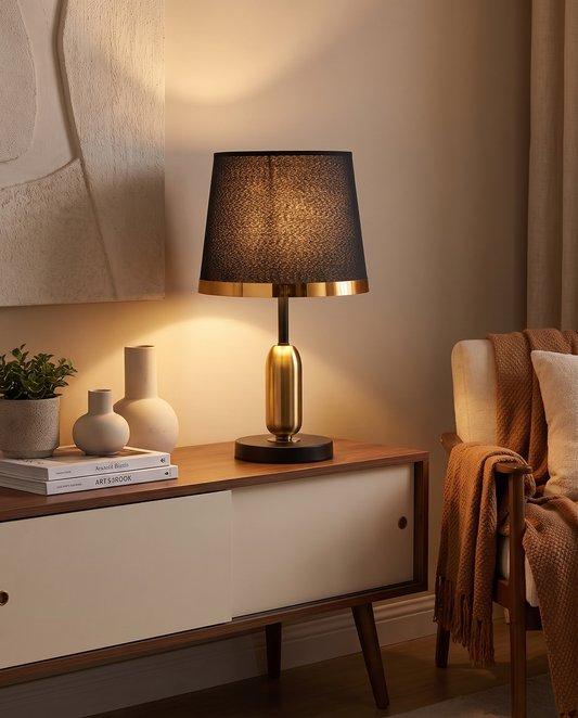 Vintage bordlampe i sort og guld – retro accentlys