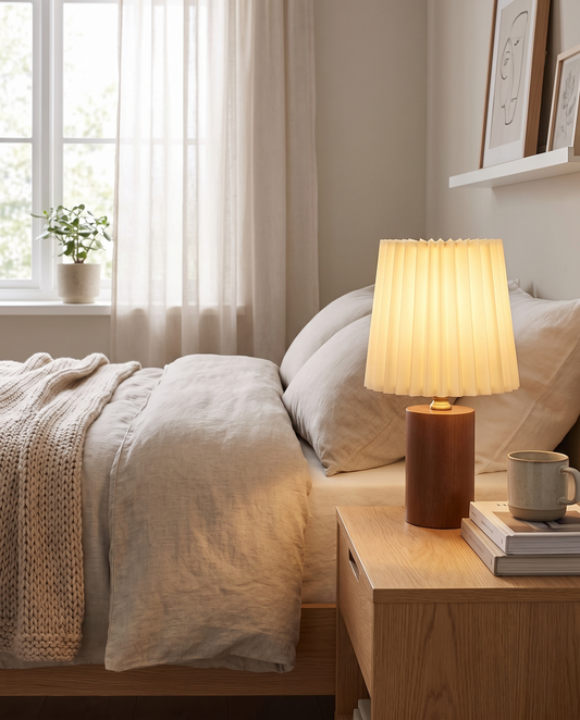 Plisseret bordlampe i træ og stof – nordisk-koreansk stil