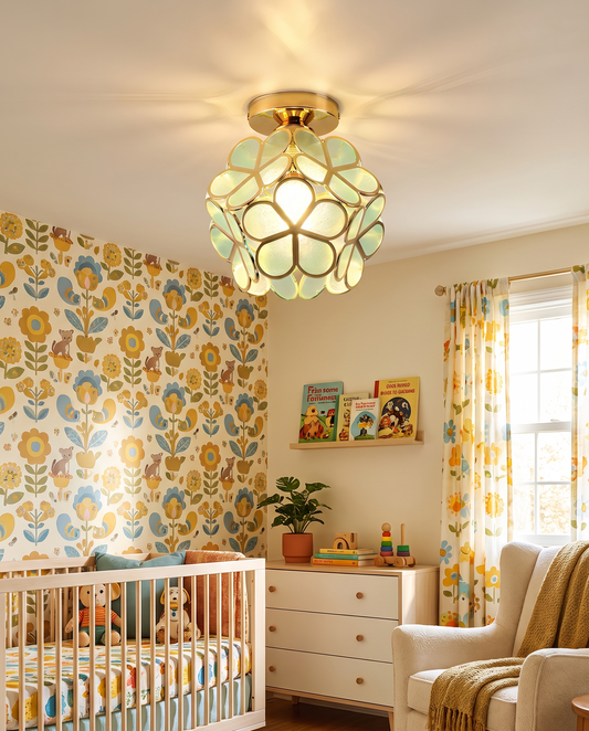 Retro blomsterloftlampe – farverig PVC-skærm
