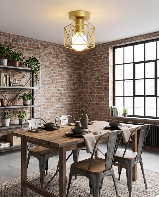 Loftlampe i guld – geometrisk metalbur