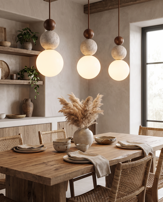 Cleonice Pendel – Travertin, Træ & Glas i Skulpturelt Udtryk
