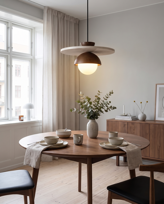 Denmark Pendel – Valnød & Sten LED-lysekrone