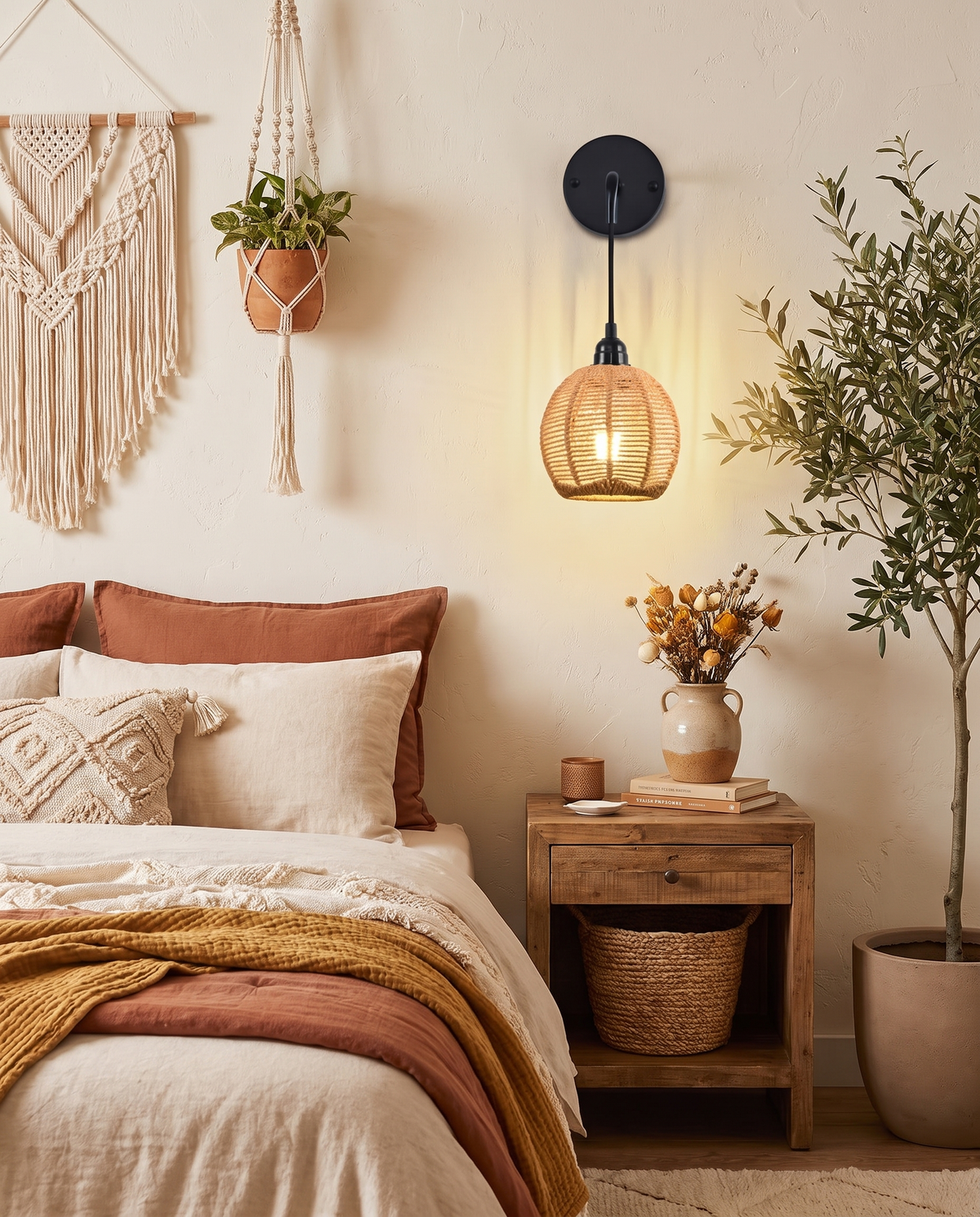 Boho Rattan Væglampe – Håndvævet med Justerbar Arm