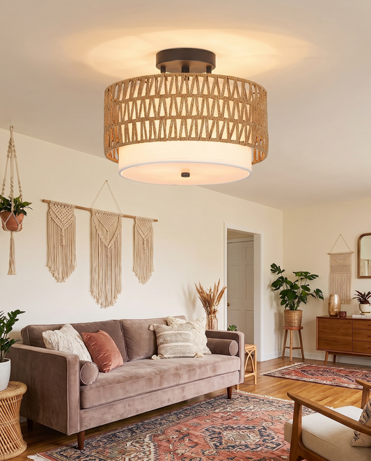 Boho Rattan Loftlampe – Halvindbygget med Hørskærm